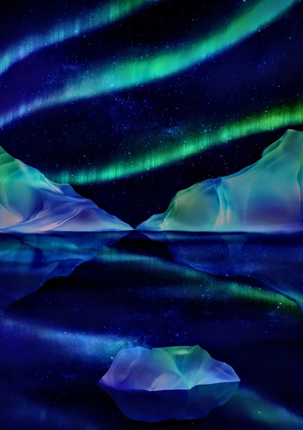 A digitally painted landscape featuring icebergs and an aurora borealis.