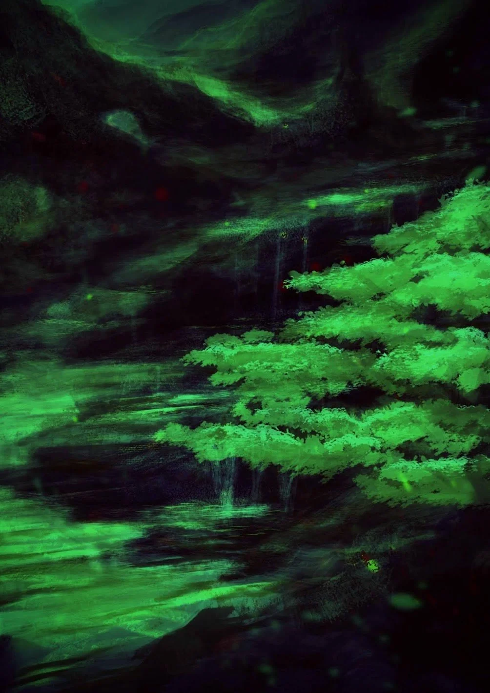 A digitally painted abstract landscape rendered in blues and greens.