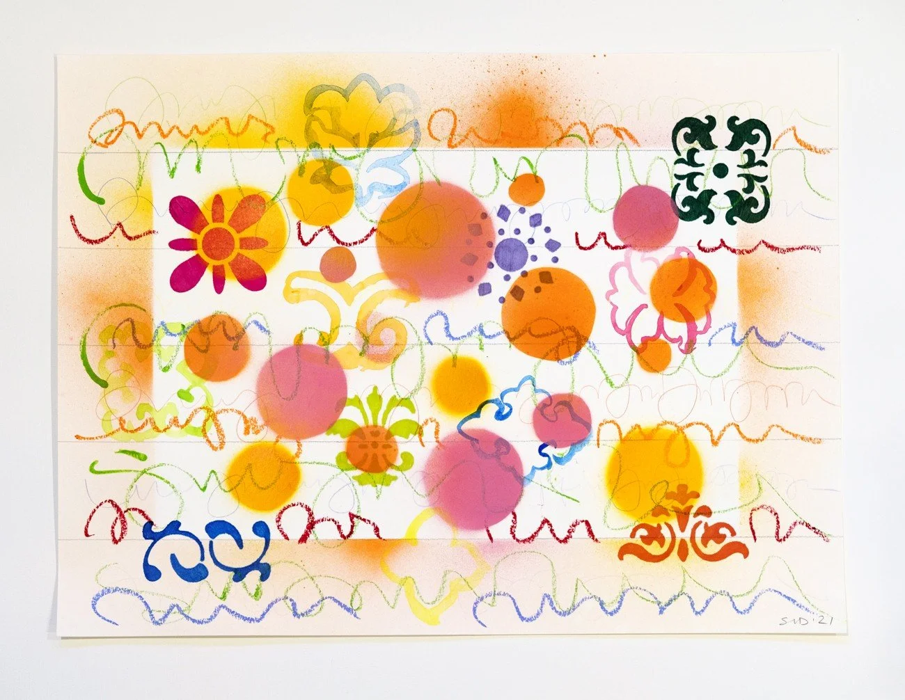 Callisto 1, 2021 Graphite, colored pencil, marker, oil pastel, watercolor, spray paint on watercolor paper 18 X 24 inches 
 