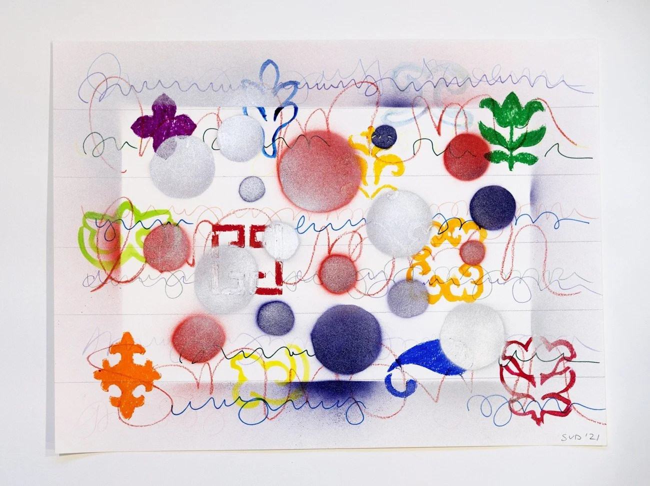  Callisto 2, 2021 Graphite, colored pencil, marker, oil pastel, watercolor, spray paint on watercolor paper 18 X 24 inches 
 
