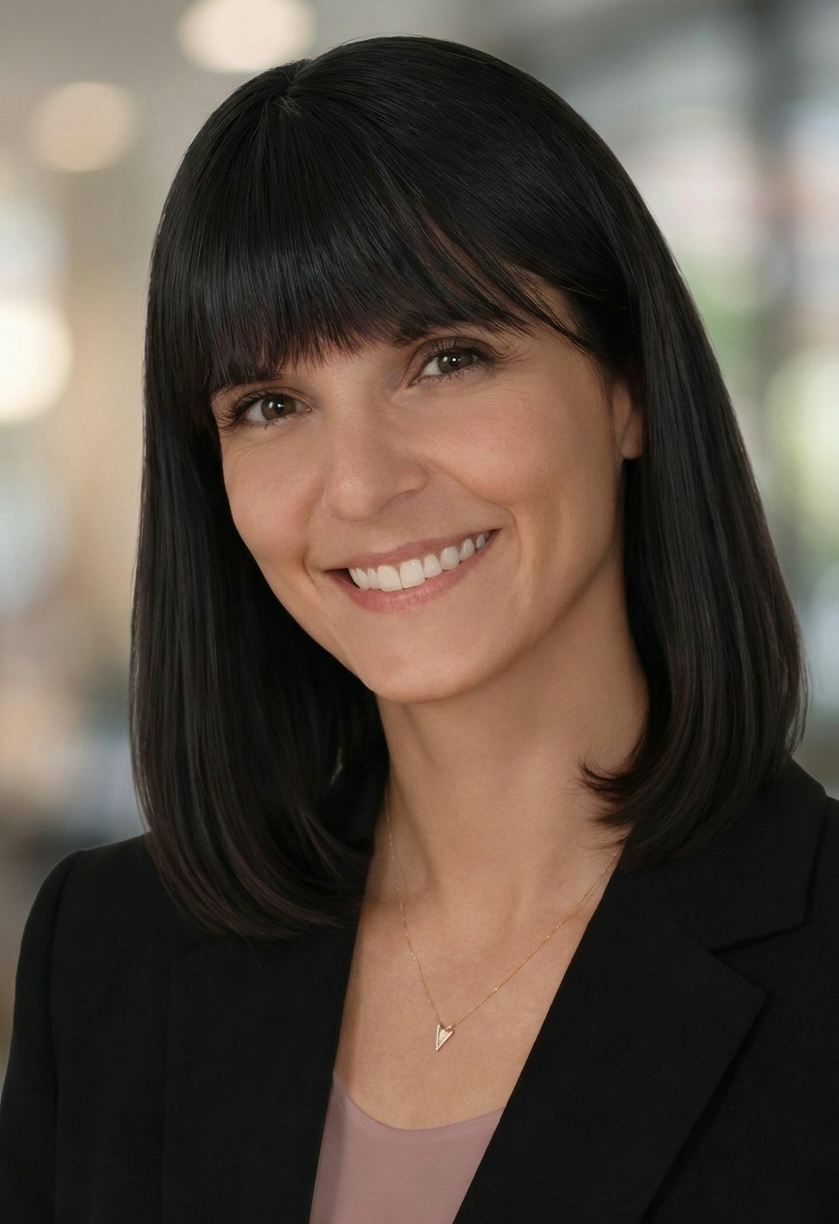 Headshot of smiling woman with dark brown hair and bangs, wearing a black blazer, a pink top, and a gold necklace, in a professional setting.