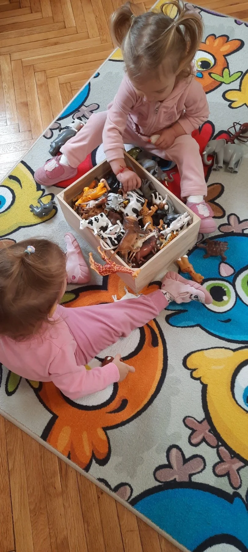 Two young girls playing with a box of toy animals on a colorful cartoon character-themed rug in a room with wooden floors.