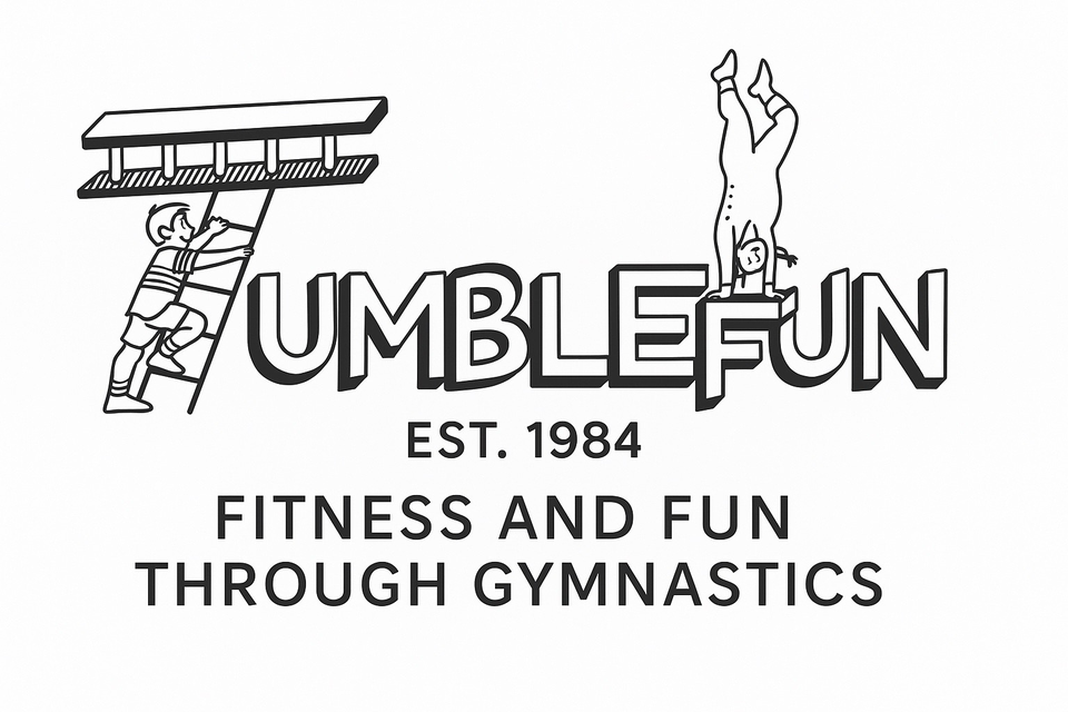Logo for UMBBLEFUN, established in 1984, featuring children playing and doing gymnastic activities, with a tagline 'Fitness and fun through gymnastics'.