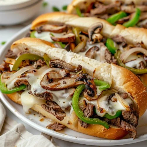 Philly cheesesteak sandwiches with sliced steak, green bell peppers, onions, melted cheese in hoagie rolls.