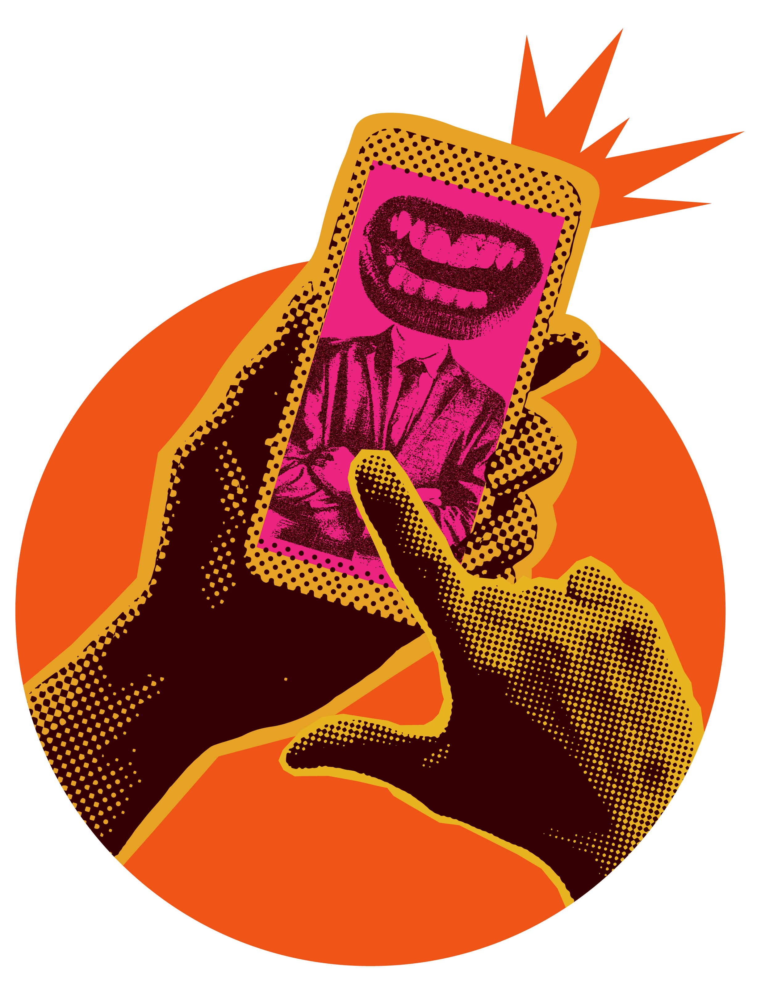 Hand holding phone with angry abstract image