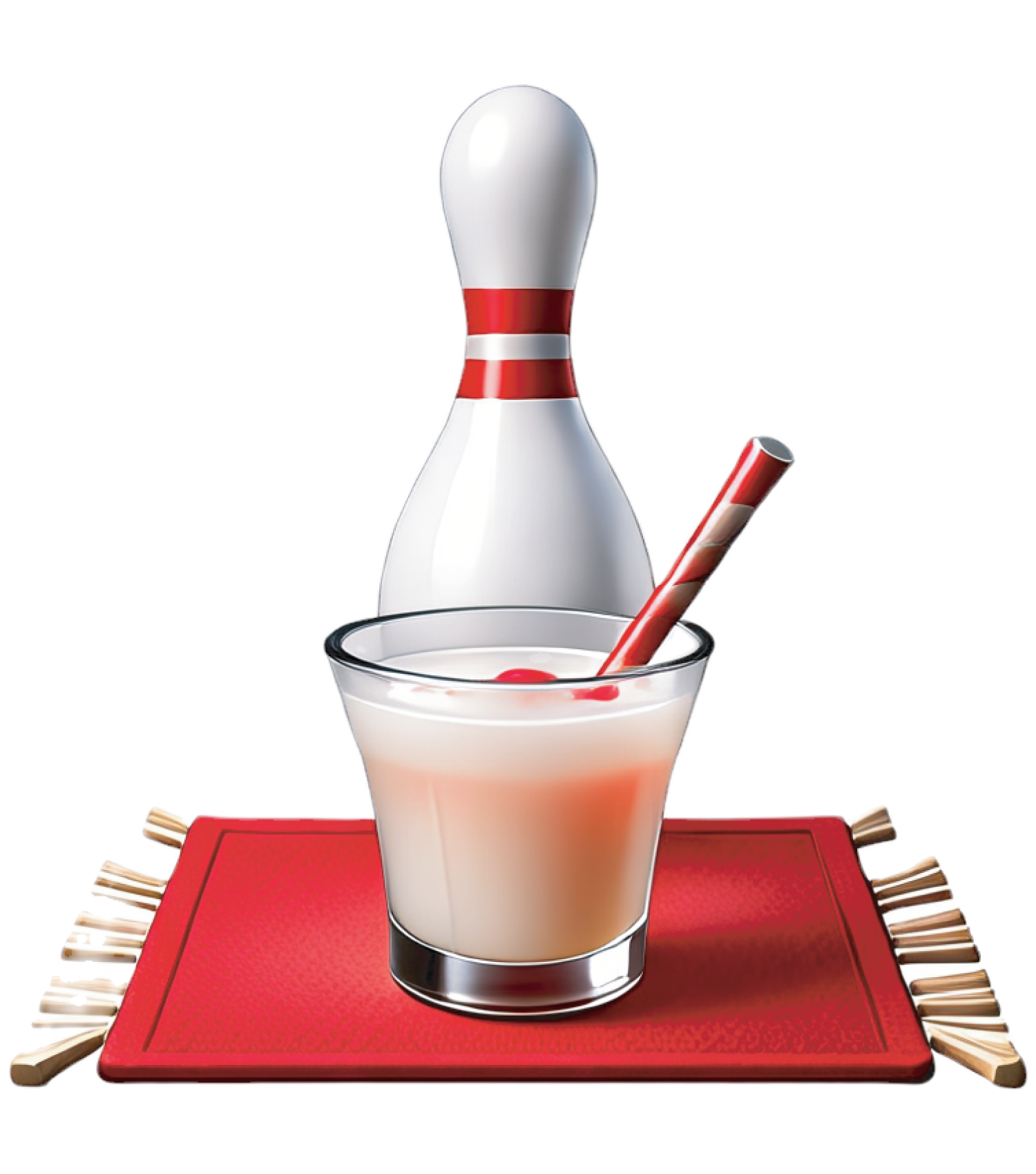 White Russian cocktail and bowling pin on red rug
