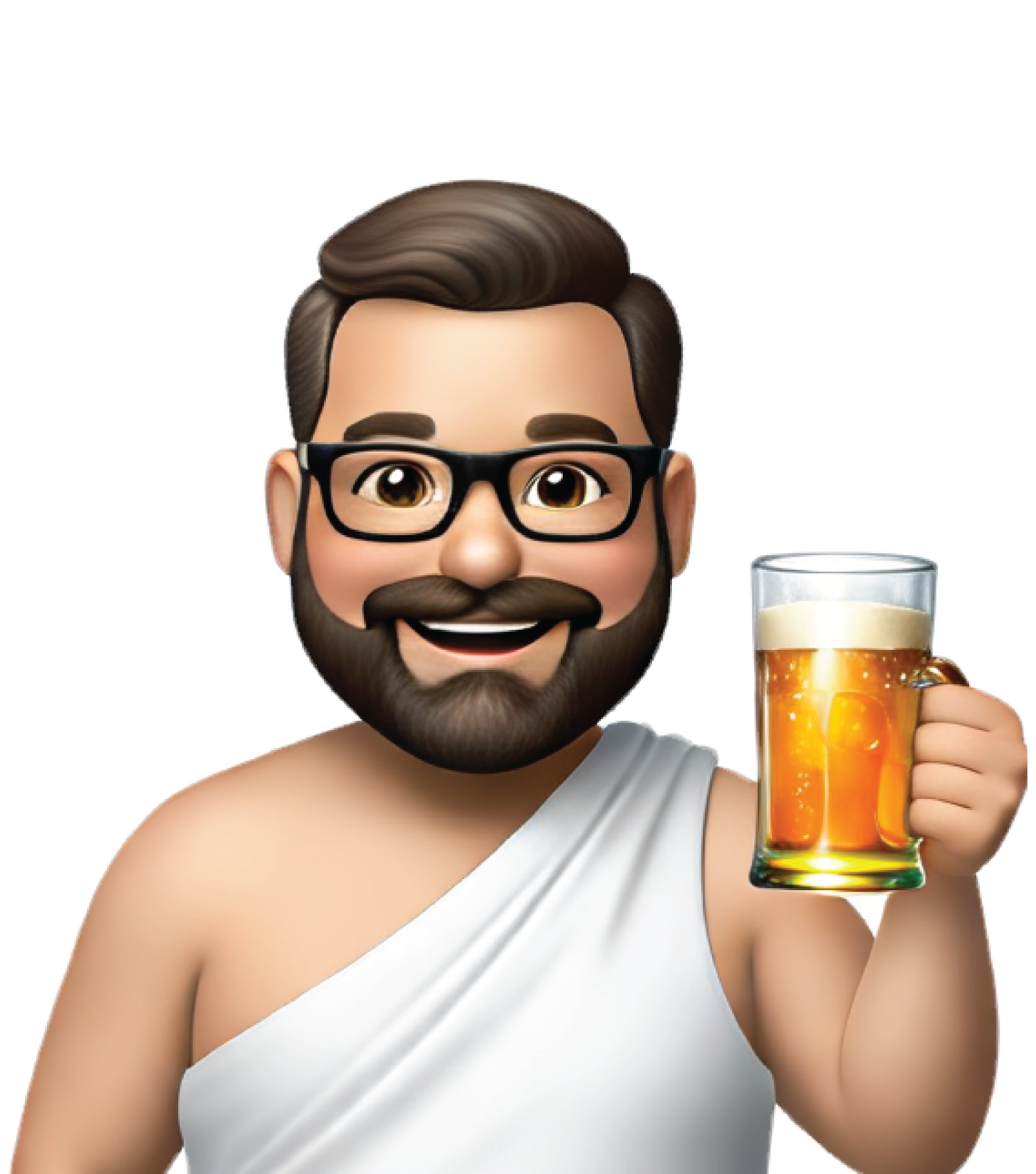 man in white toga holding beer mug