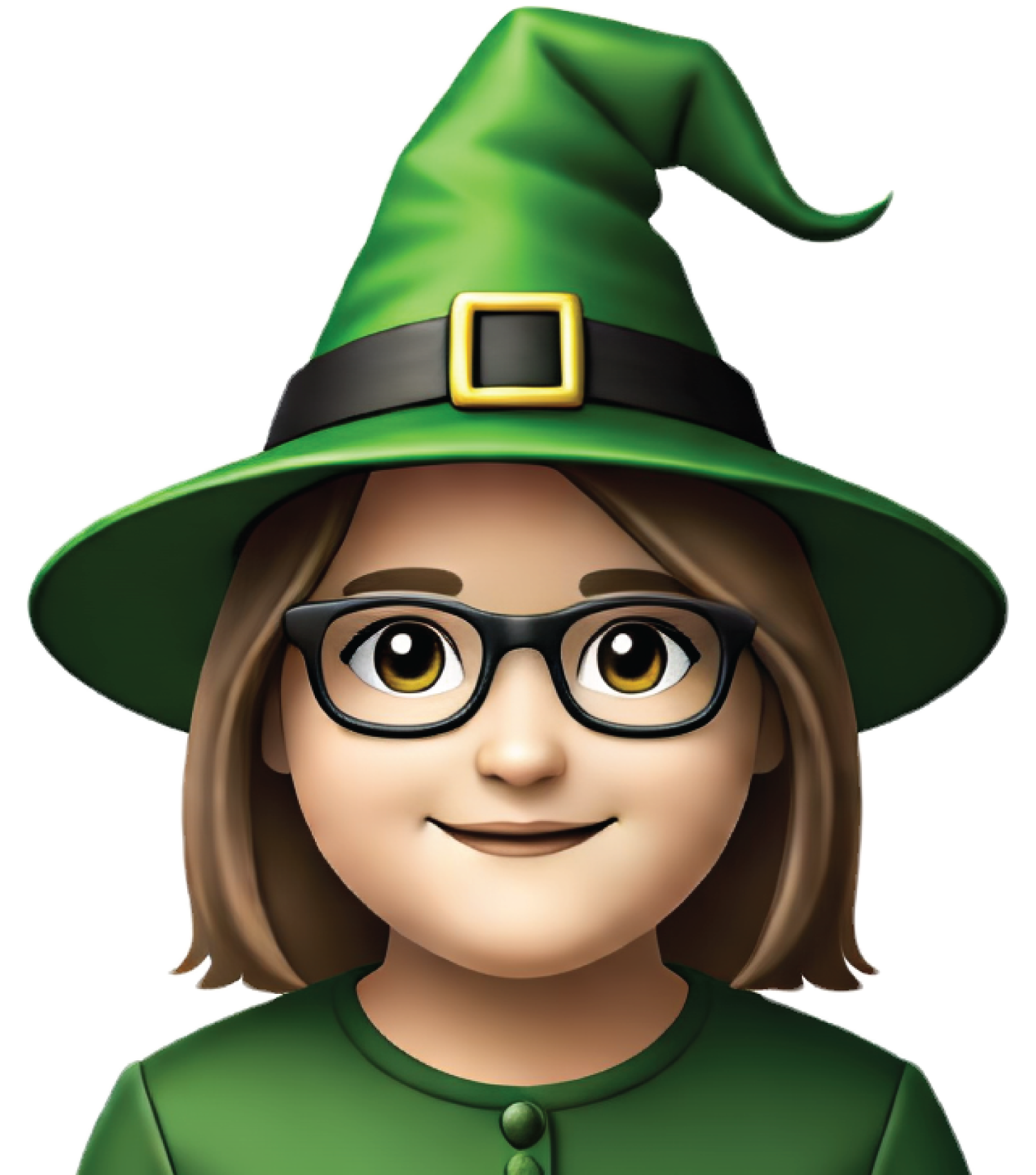 smiling witch wearing green hat and glasses