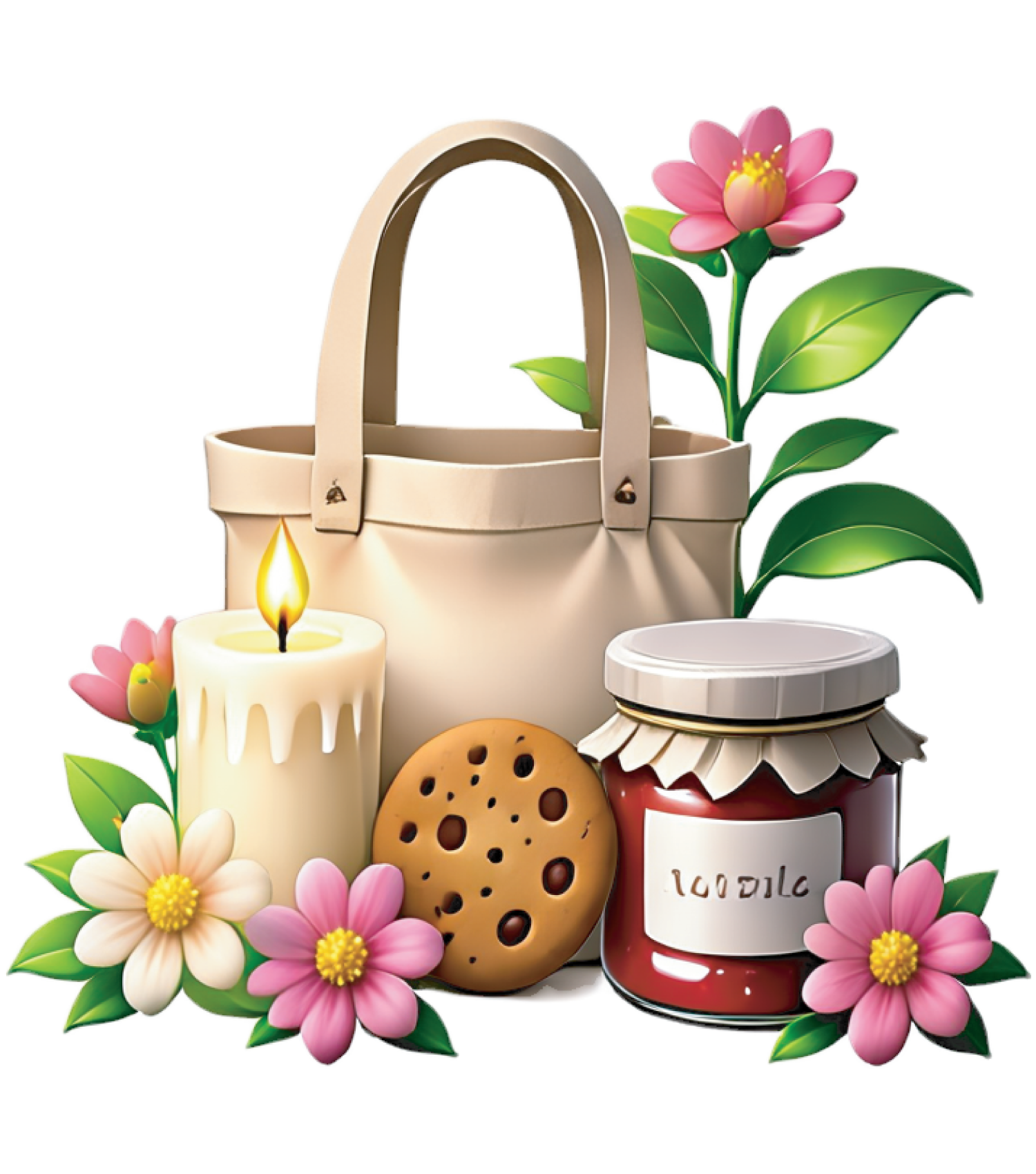 tote bag with jam jar, cookie, flowers and candle