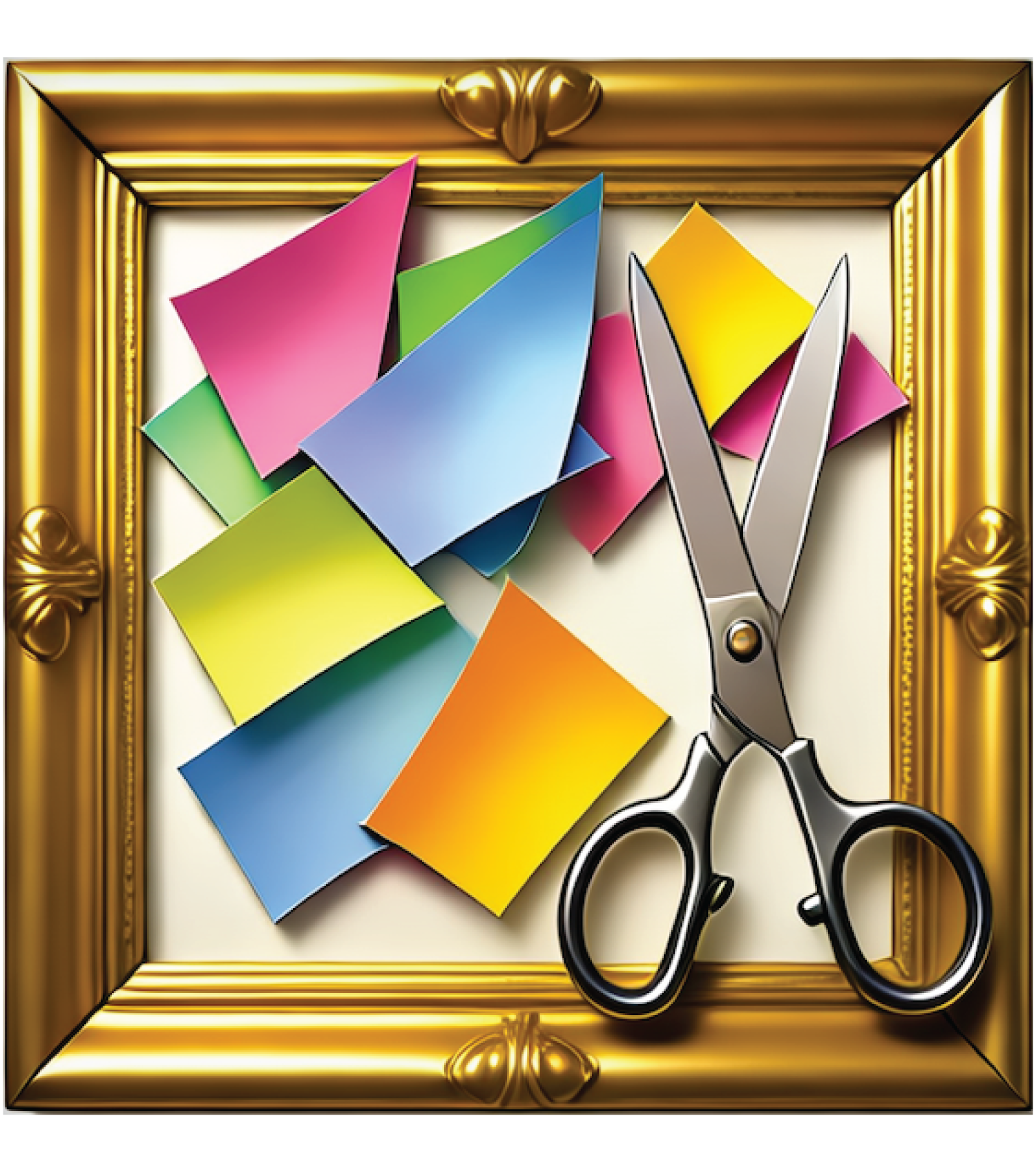 paper scraps and scissors in gold frame