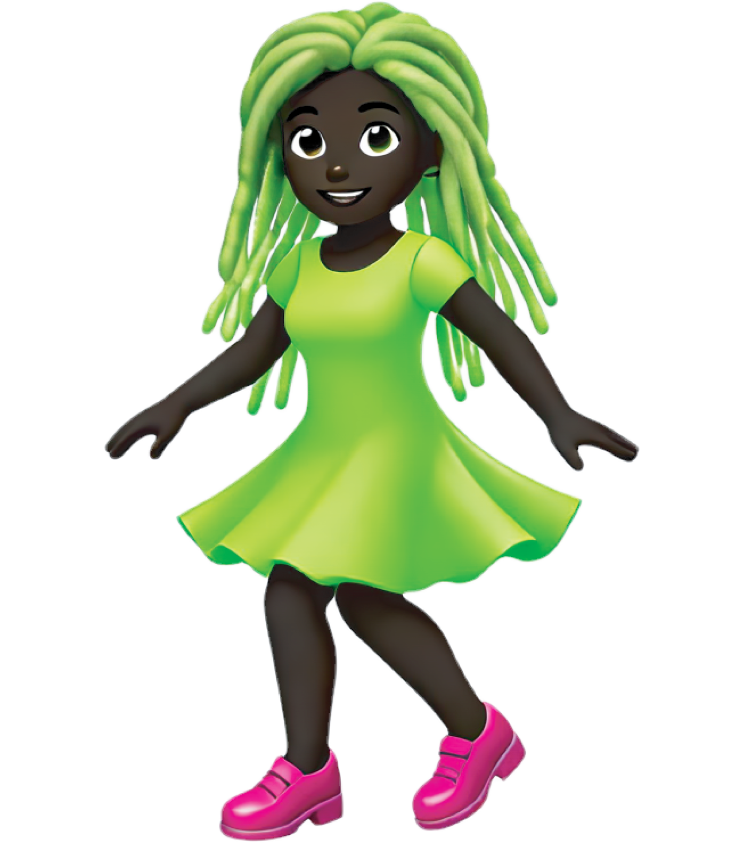 woman with green dreadlocks and green dress