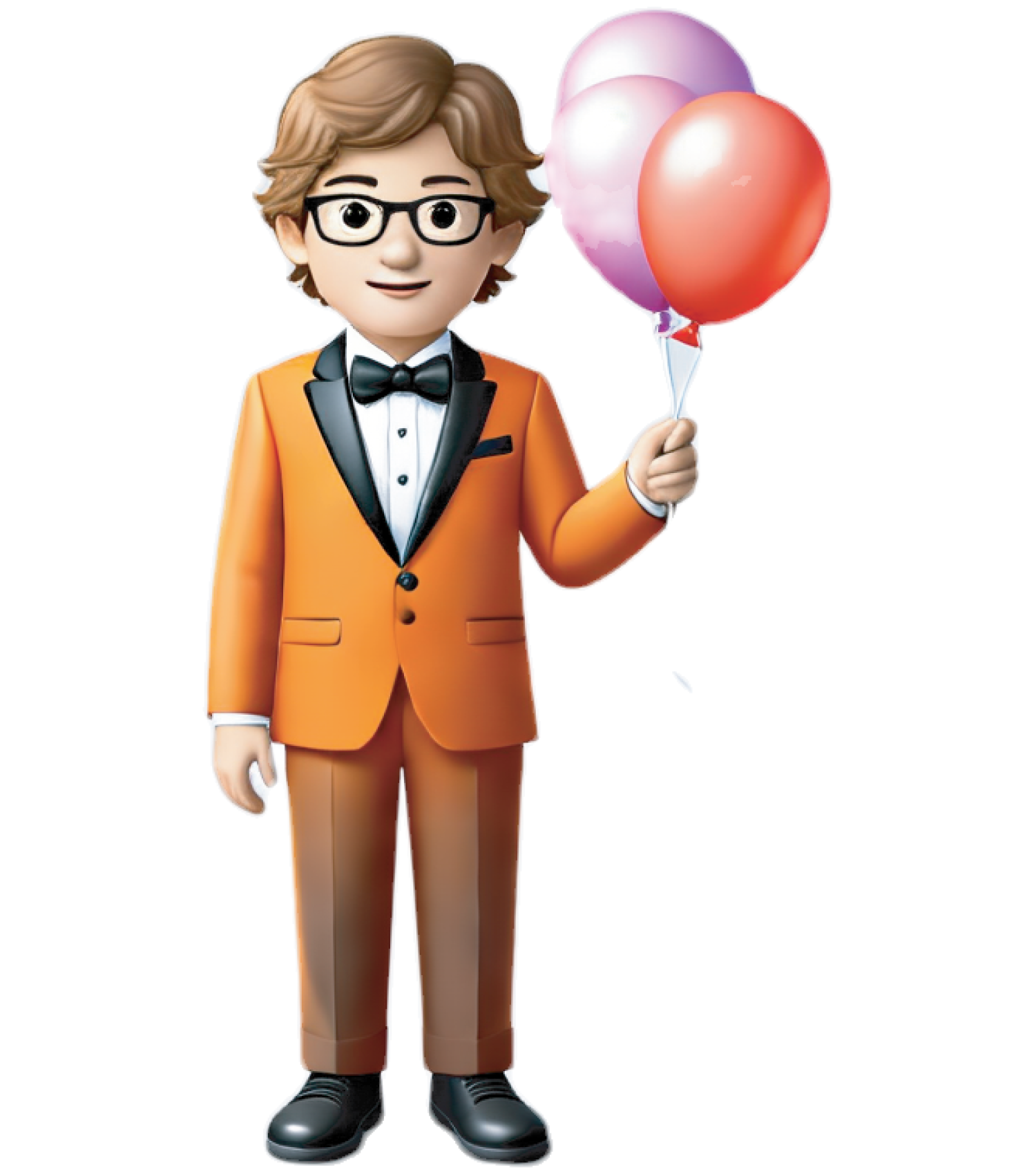 boy in glasses and tuxedo holding balloons