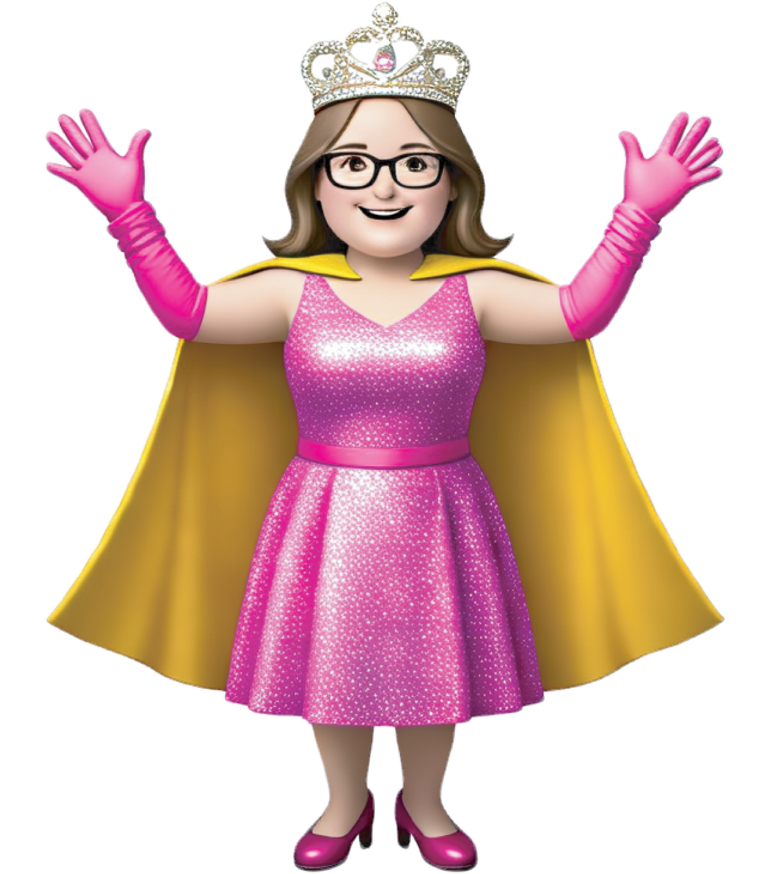 woman wearing pink dress, yellow cape and crown with hands out