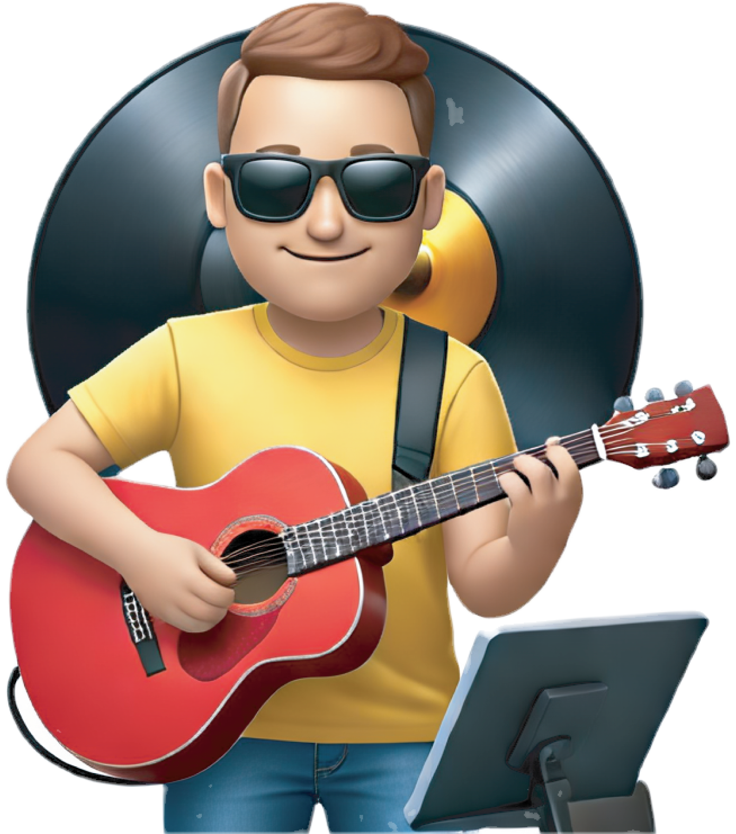 man wearing sunglasses playing red guitar in front of big record