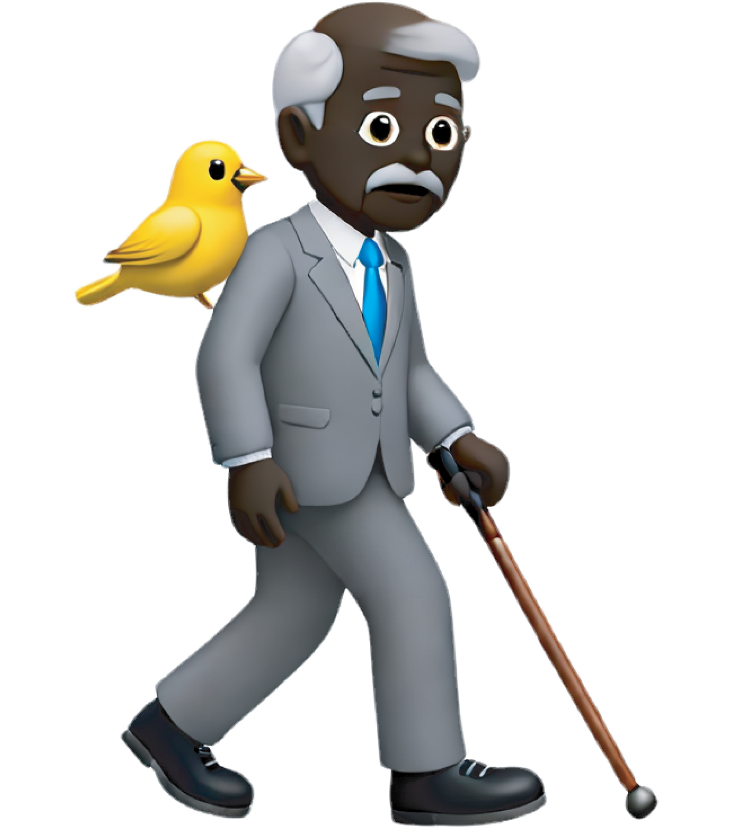 elderly man with cane and bird on shoulder