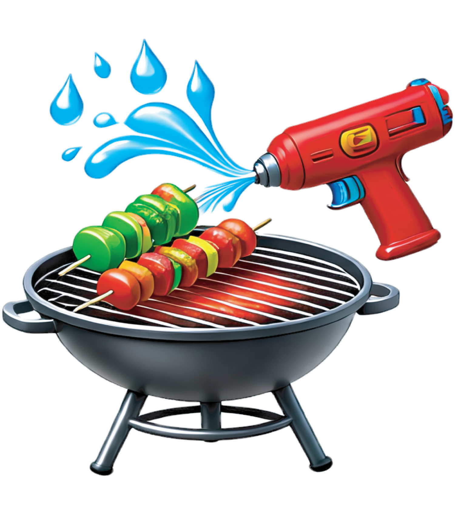 water gun spraying kabobs on grill