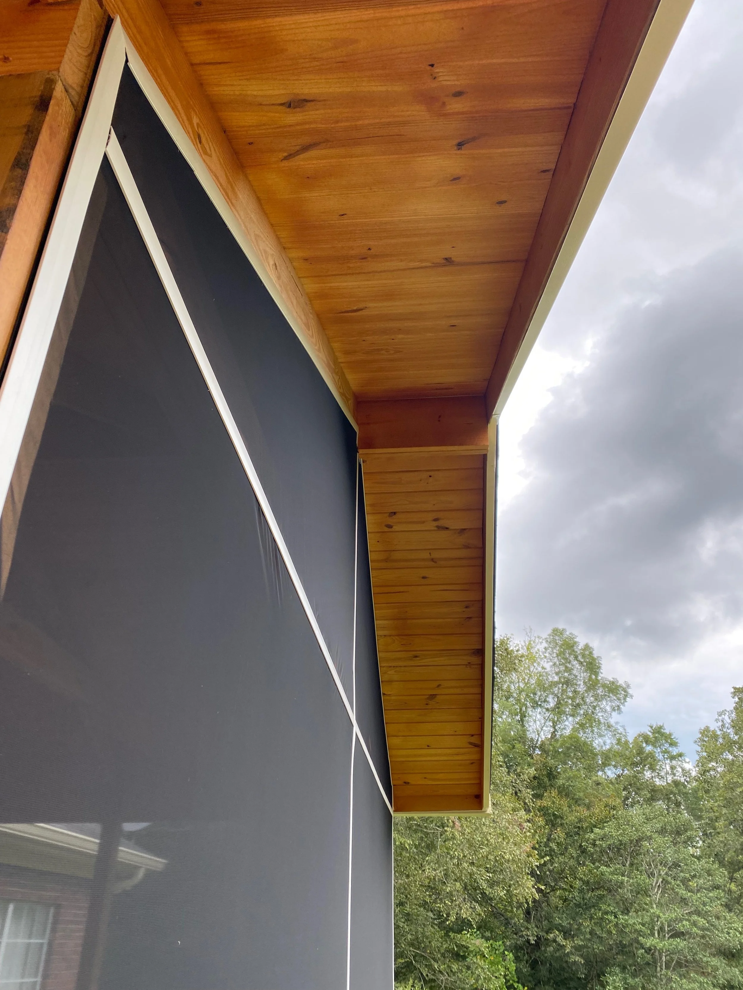 The image shows a section of a house exterior with a black mesh screen, a wooden roof eave, and trees with green leaves in the background under a cloudy sky.
