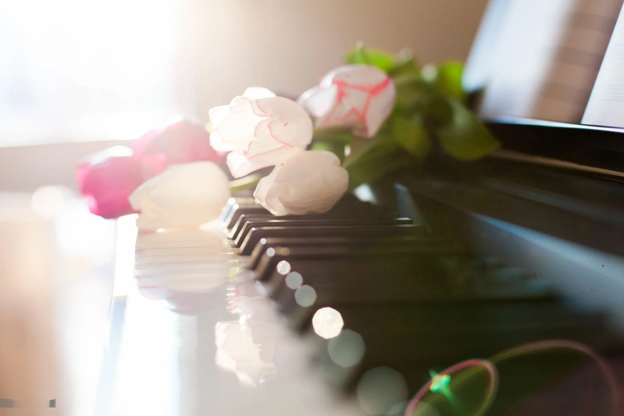 Close-up of a musical digital keyboard with pink and white flowers resting on top, backlit by sunlight.
