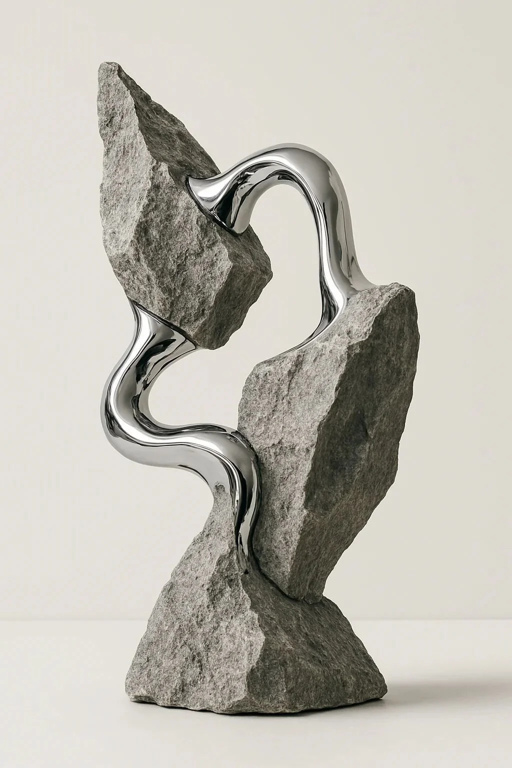 Abstract sculpture with rough gray rocks and smooth chrome-like metal flowing between them.
