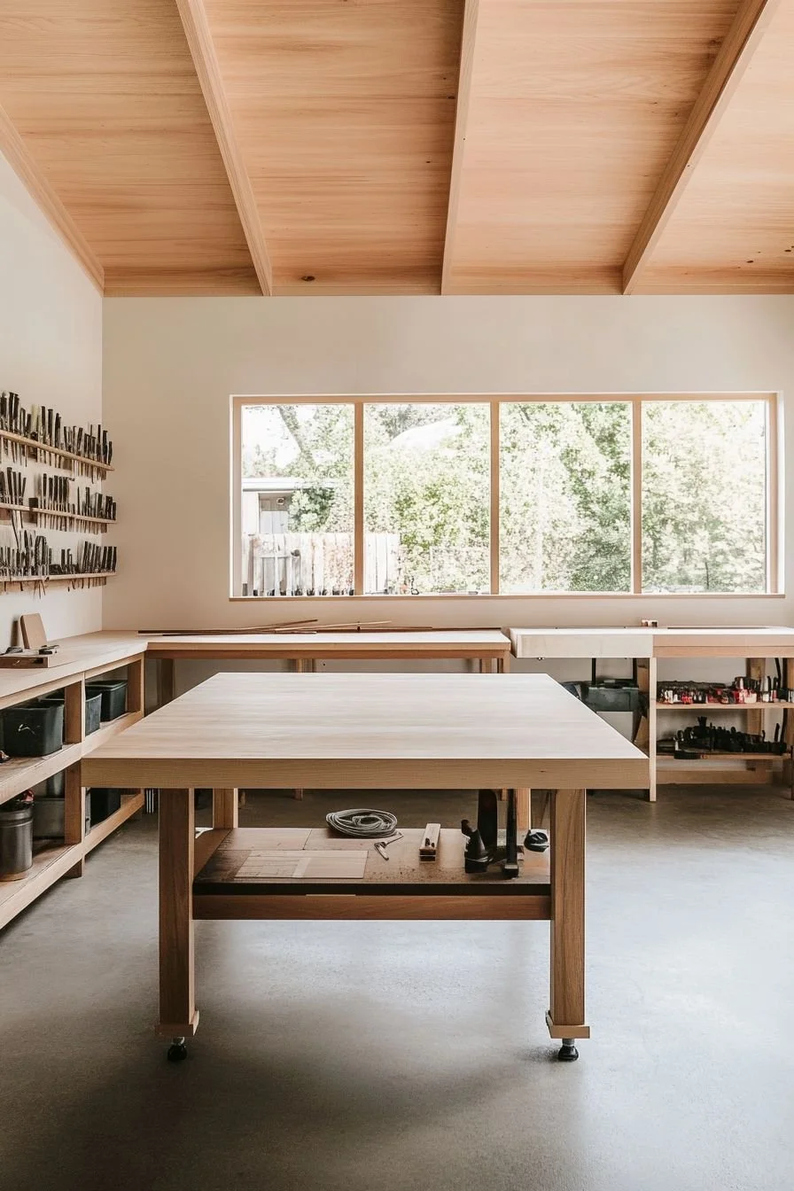 A woodworking workshop with a large central work table, wood storage shelves with tools and materials, and a large window overlooking a backyard with trees.