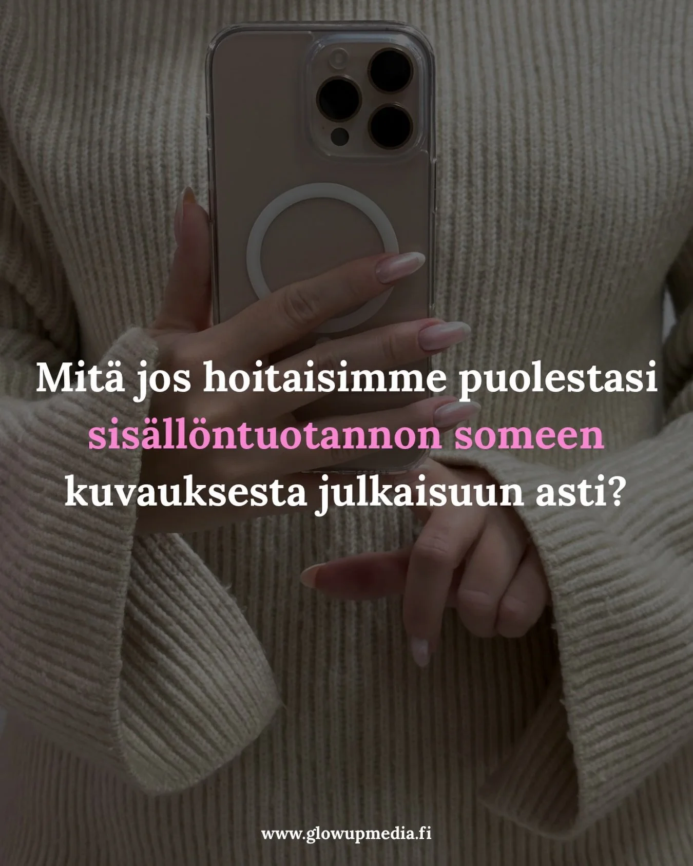 Mit&auml; jos hoitaisimme puolestasi sis&auml;ll&ouml;ntuotannon someen kuvauksesta valmiiseen julkaisuun asti? 😍

Me tullaan paikan p&auml;&auml;lle kuvaamaan teid&auml;n hoitoja/palveluita, asiakaskokemuksia ja asiantuntijavideoita ja tehd&auml;&a
