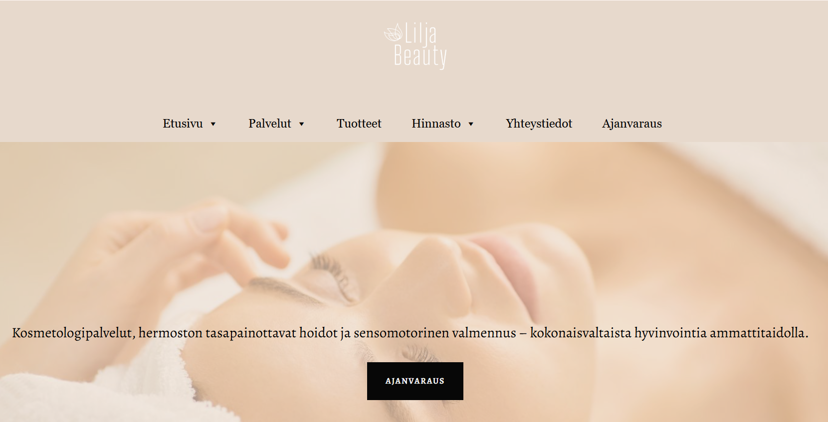 Website homepage for Lilja Beauty, featuring a soft, blurred image of a woman receiving a facial treatment with her eyes closed, promoting cosmetic services and holistic wellness.
