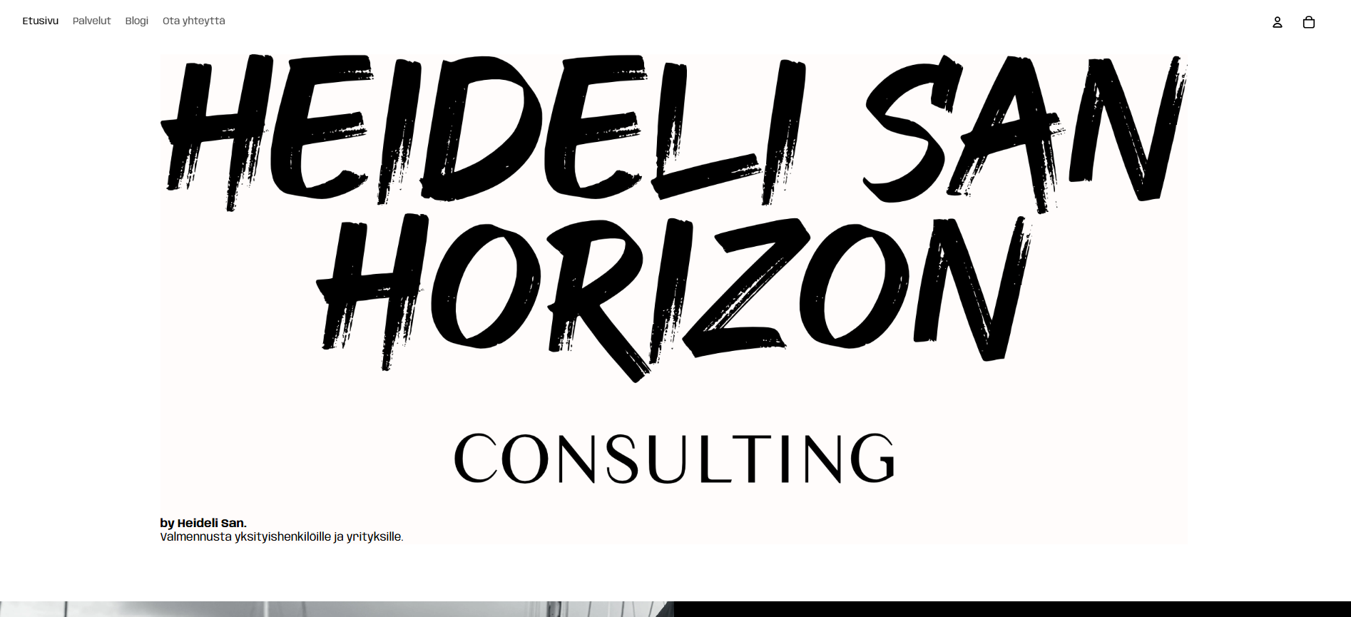 Homepage of Heidihelsan's consulting website with large black text saying 'HEIDELI SAN HORIZON' and smaller black text below saying 'by Heidi San. Valmennusta yksityishenkilöille ja yrityksille.'
