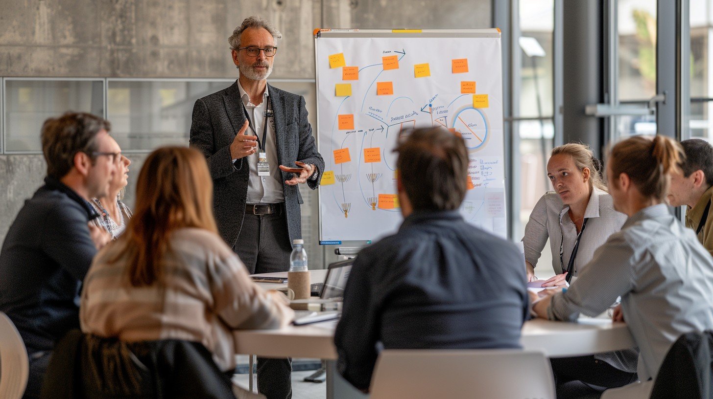 A man in formal attire stands in front of a whiteboard with sticky notes, speaking to a group of six people seated around a table in a meeting room.