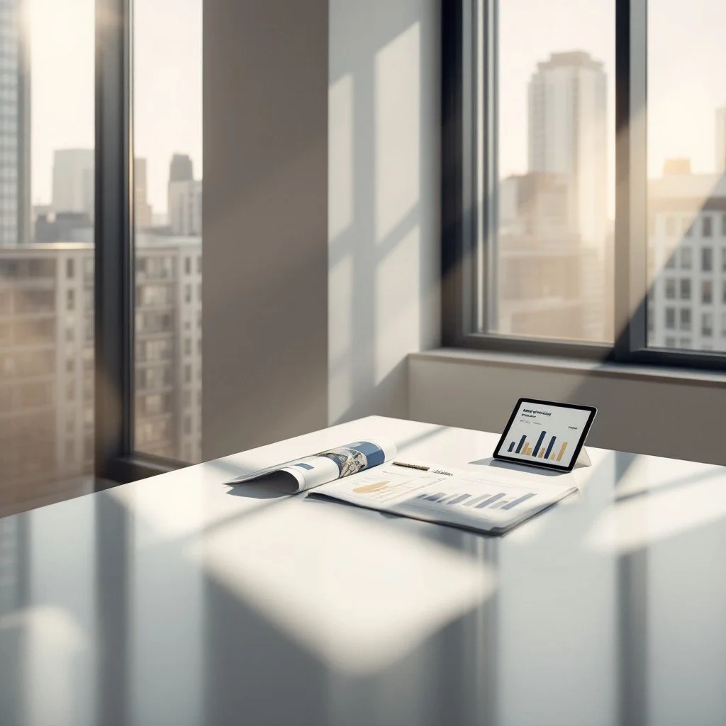 A modern office with large windows showing a city skyline, a desk with open documents, a tablet displaying bar graphs, and sunlight casting shadows.