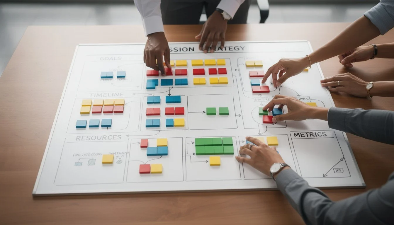 People working on a project planning board with colored sticky notes organized into sections labeled Goals, Timeline, Resources, Mission Strategy, and Metrics.