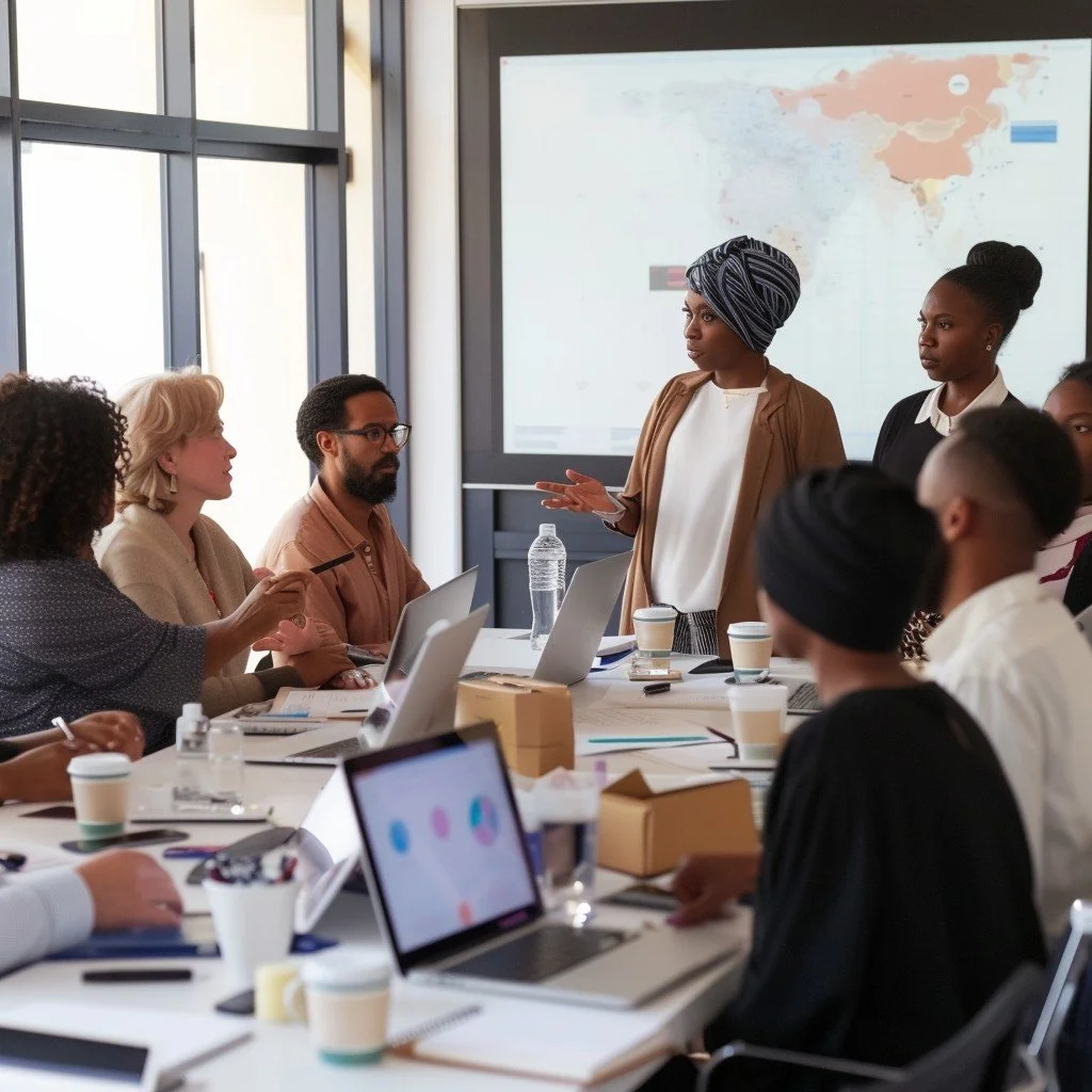 A diverse group of people in a business meeting or workshop, sitting around a conference table with laptops, notebooks, and coffee cups, while one woman stands and presents in front of a large world map on a screen.
