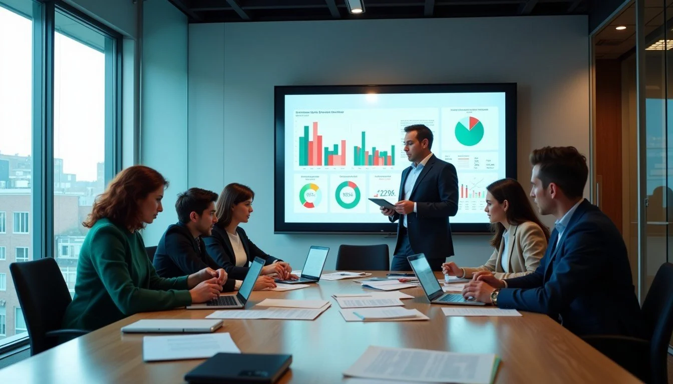 Business meeting in a conference room with six professionals, five sitting at a table with laptops, one standing and presenting data on a large digital screen showing graphs and charts.