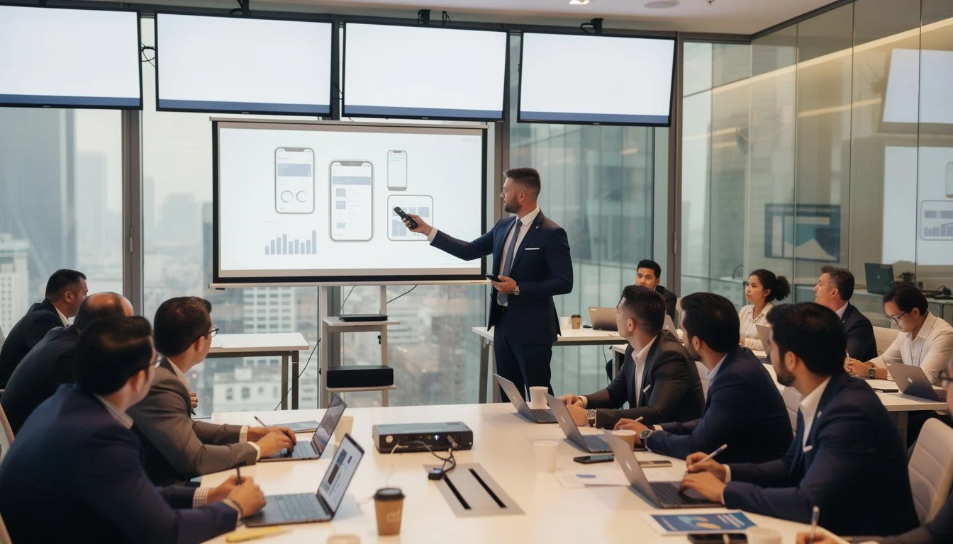 Business presentation in a corporate conference room with a man in a dark suit and tie standing and using a remote to present data displayed on a large screen, while seated audience members with laptops take notes.