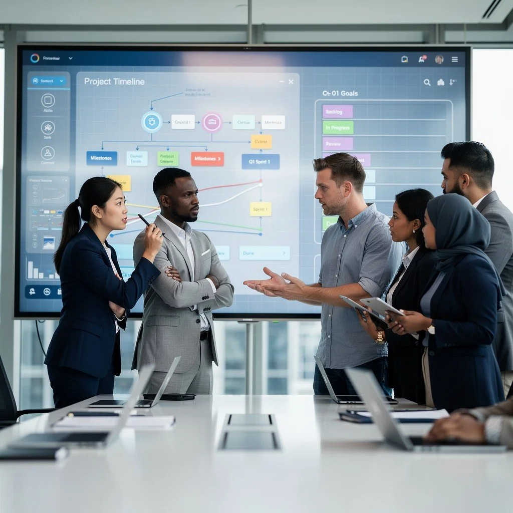 Business team in a meeting room discussing project timeline on a large digital screen.