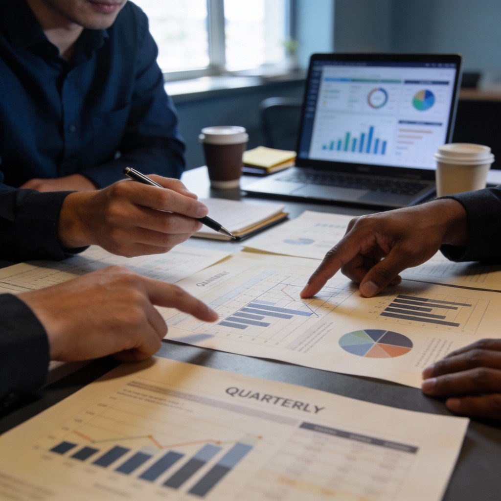 Two people discussing financial charts and graphs on papers at a meeting table with a laptop showing data visualizations in the background.