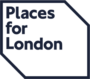 Logo with the words 'Places for London' in dark blue font on a dark blue background.
