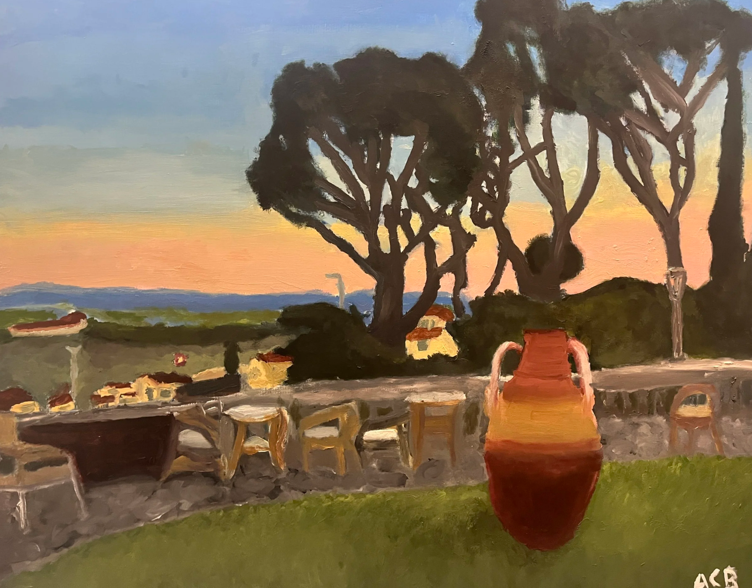 Oil painting of outdoor patio scenery at sunset with large trees, a red urn in the foreground, a stone wall, and a view of distant hills and sky with colorful clouds.