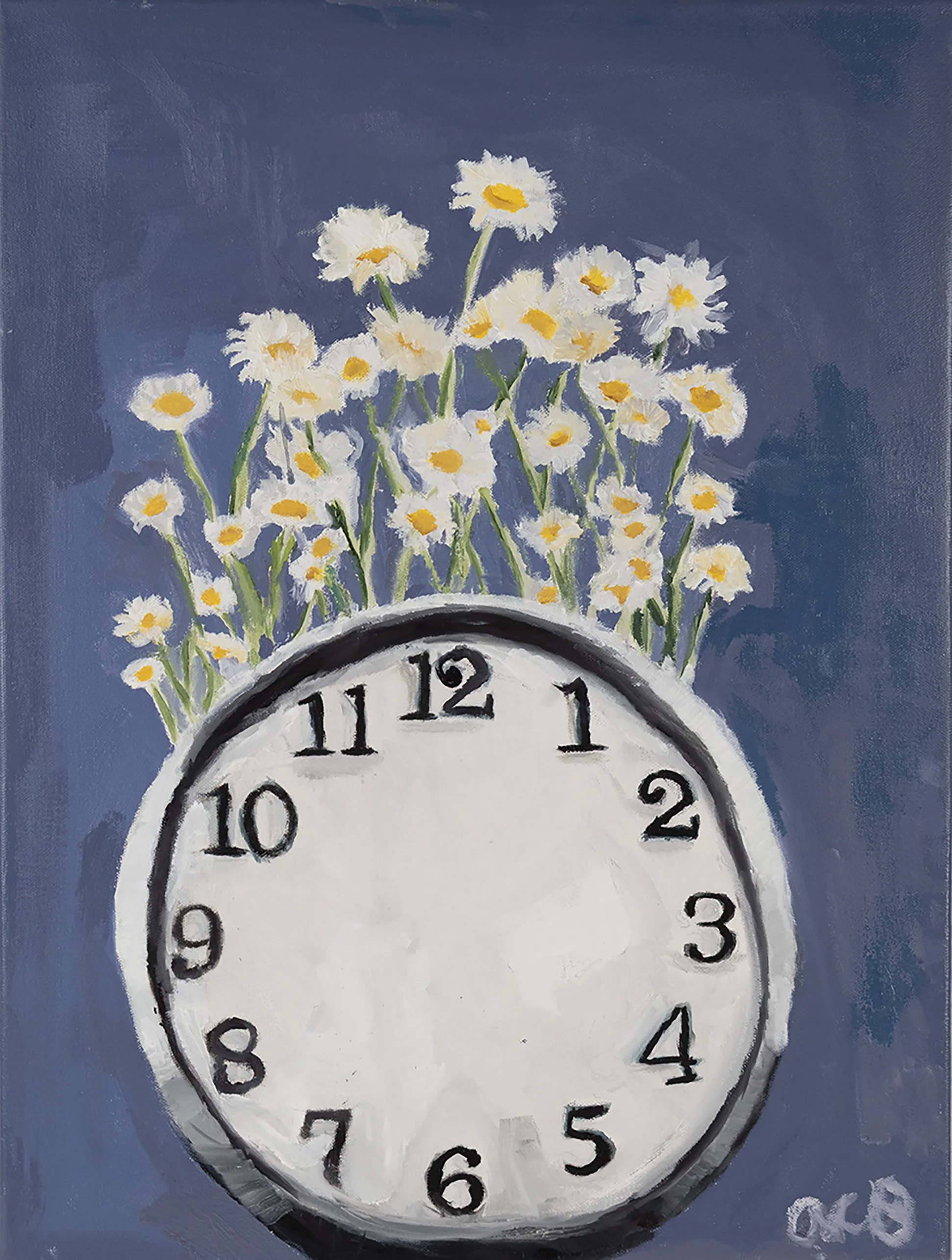 Painting of a white clock with black numbers, topped with white flowers with yellow centers, against a blue background.
