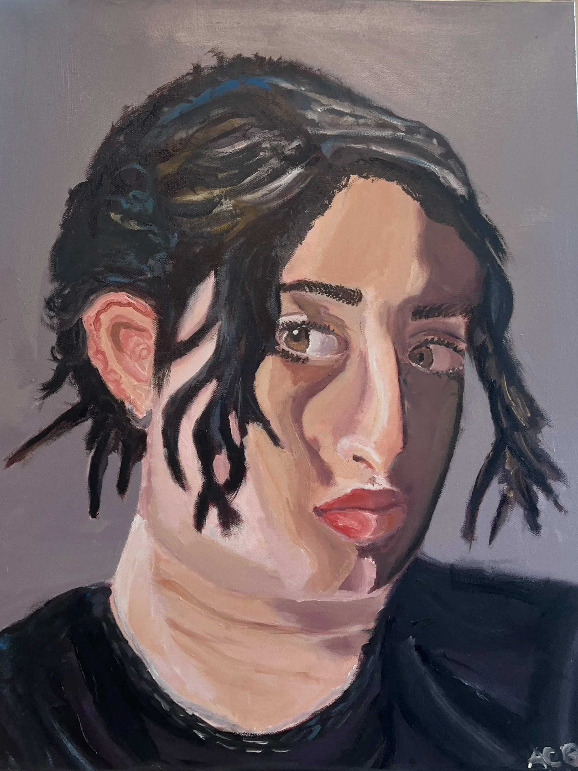 A painted portrait of a young woman with short, dark, wavy hair, brown eyes, and red lipstick, wearing a black shirt, against a gray background.