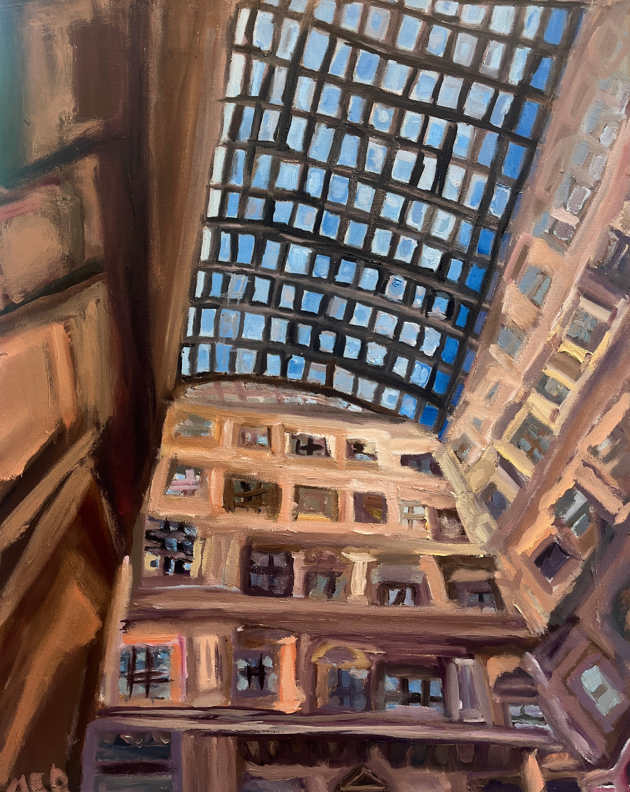 A painting of the interior courtyard of a tall building, with multiple windows and a large glass ceiling.