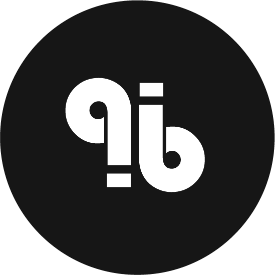 Black circle with white stylized text reading 'qb' in the center.