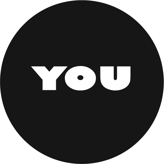 Black circular background with the word 'YOU' in bold white letters centered in the image.