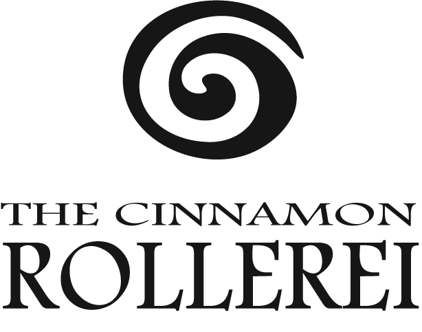 Logo for The Cinnamon Roller, featuring a cinnamon roll graphic and text.