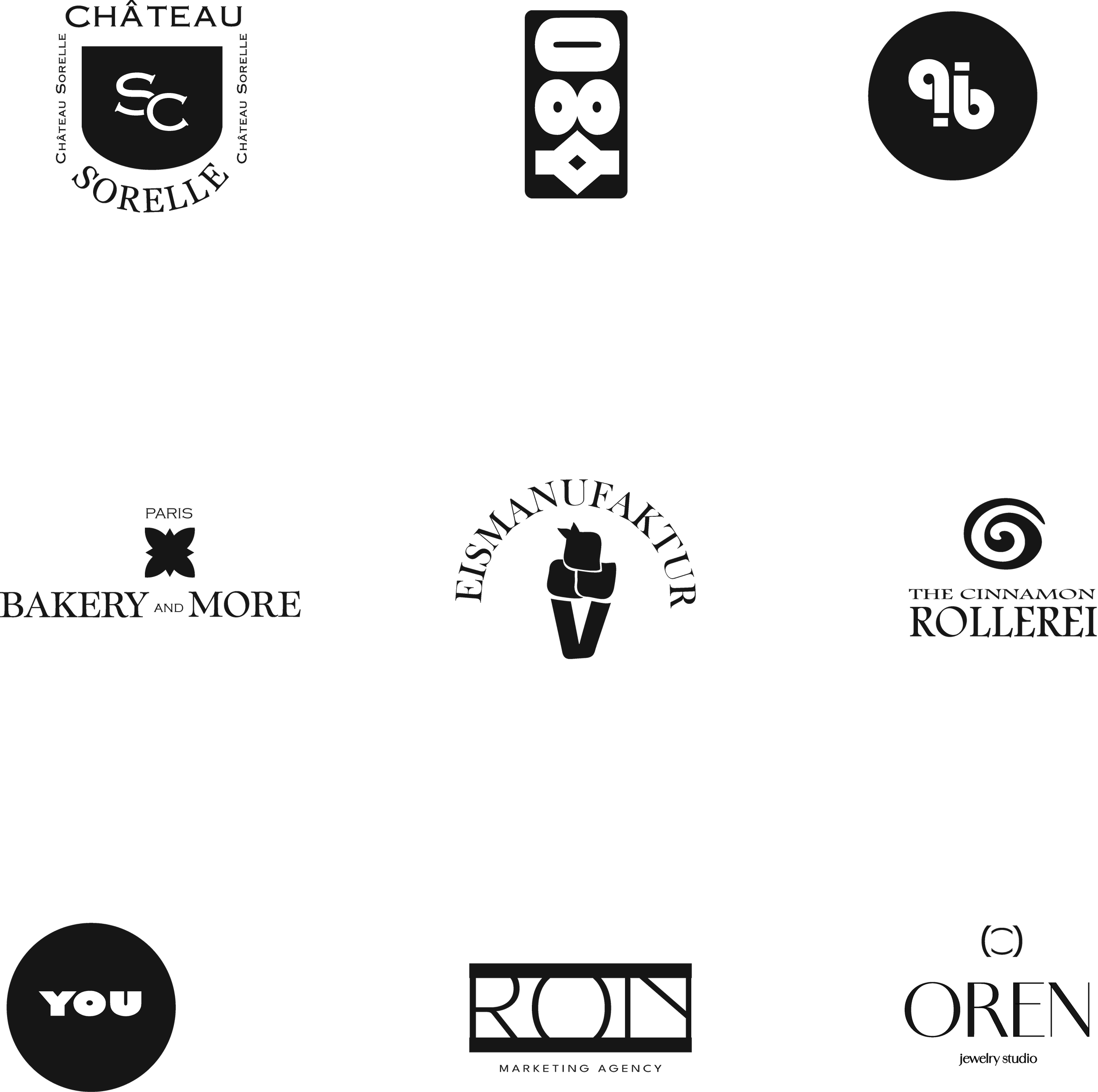 Collection of various business logos and brand names, including Château Sorelle, 1880, a question mark,
Paris Bakery and More, Eismanufaktur, cinnamon roller, You, RON Marketing Agency, and Oren.