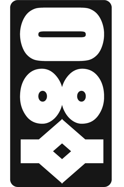 Graphic design with a black background and white abstract shapes resembling a face with eyes, a nose, and a mouth.