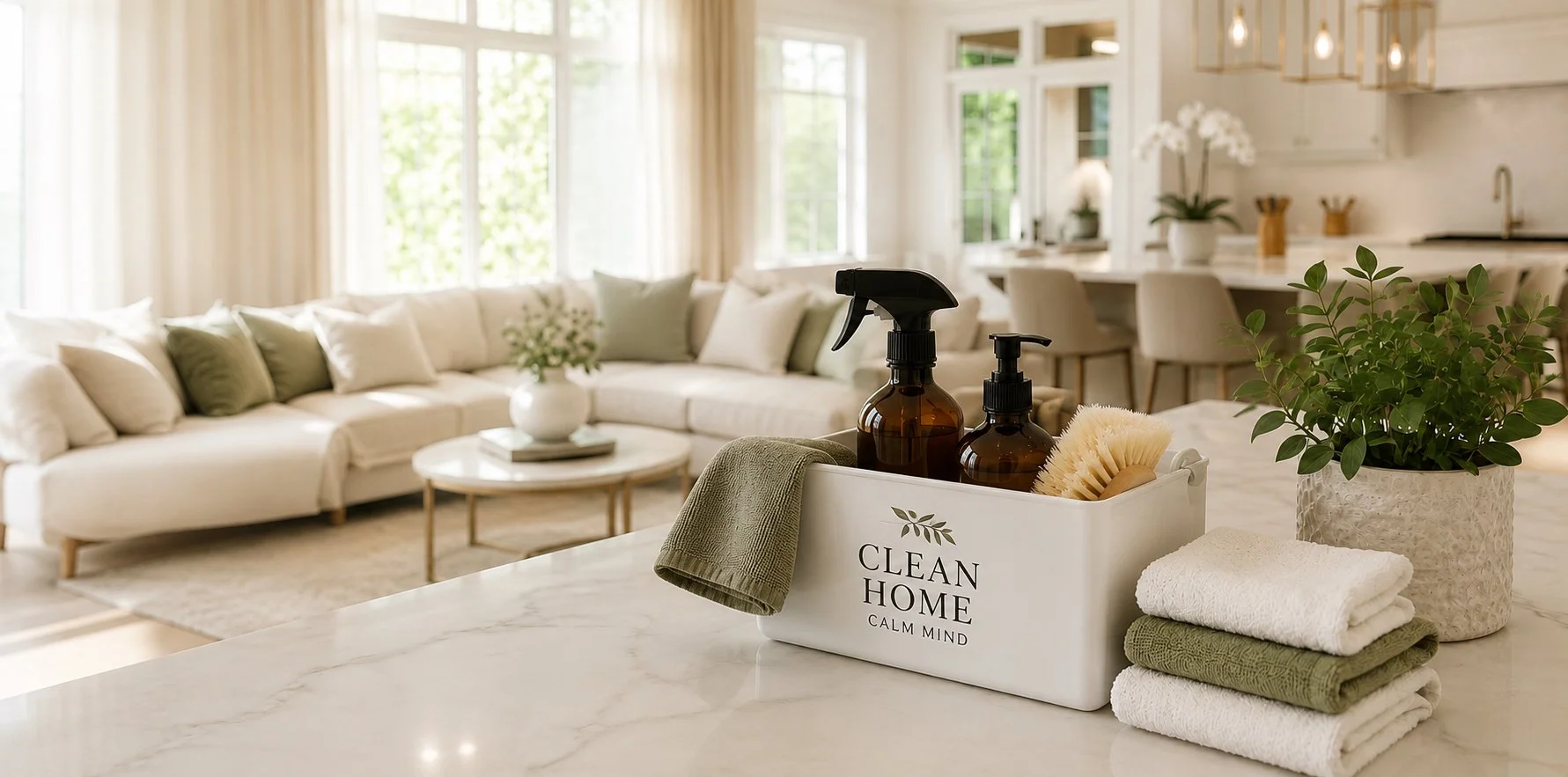 Living room with white sofa, beige cushions, and a coffee table with a vase of flowers, viewed from a kitchen island with cleaning supplies and towels, and a potted plant.