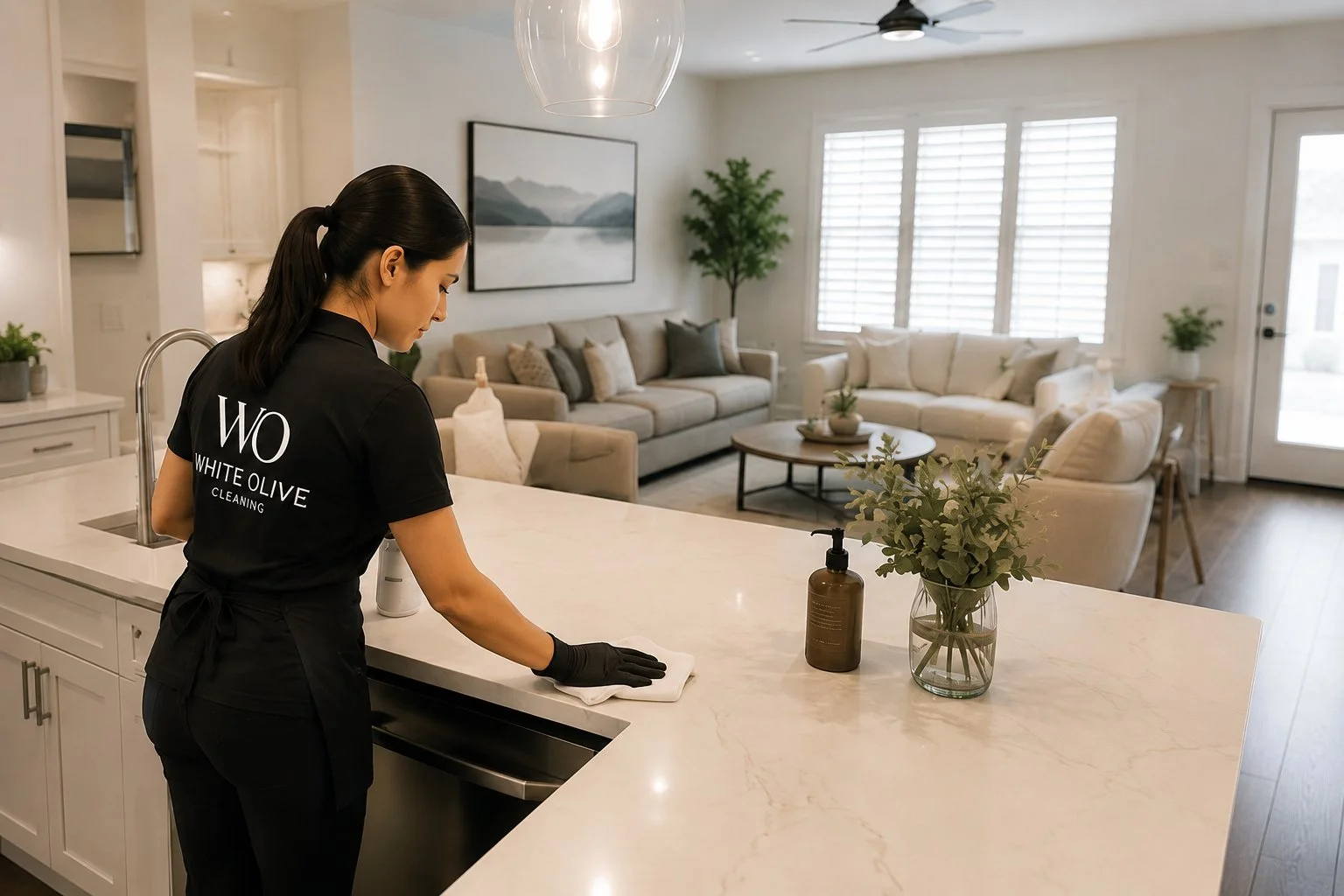 A woman cleaning a kitchen countertop in a modern living room, wearing a black shirt with 'White Olive Cleaning' printed on the back.