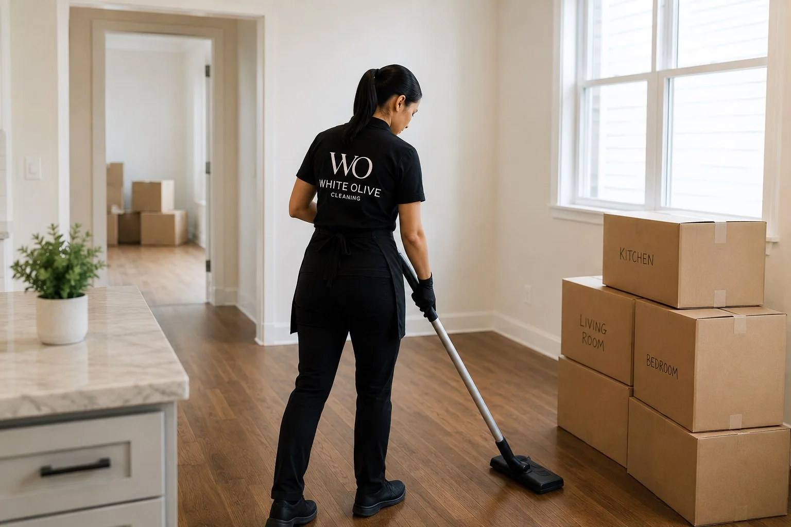 A woman in black cleaning uniform vacuums a hardwood floor in a home interior with moving boxes labeled 'kitchen,' 'living room,' and 'bedroom.'