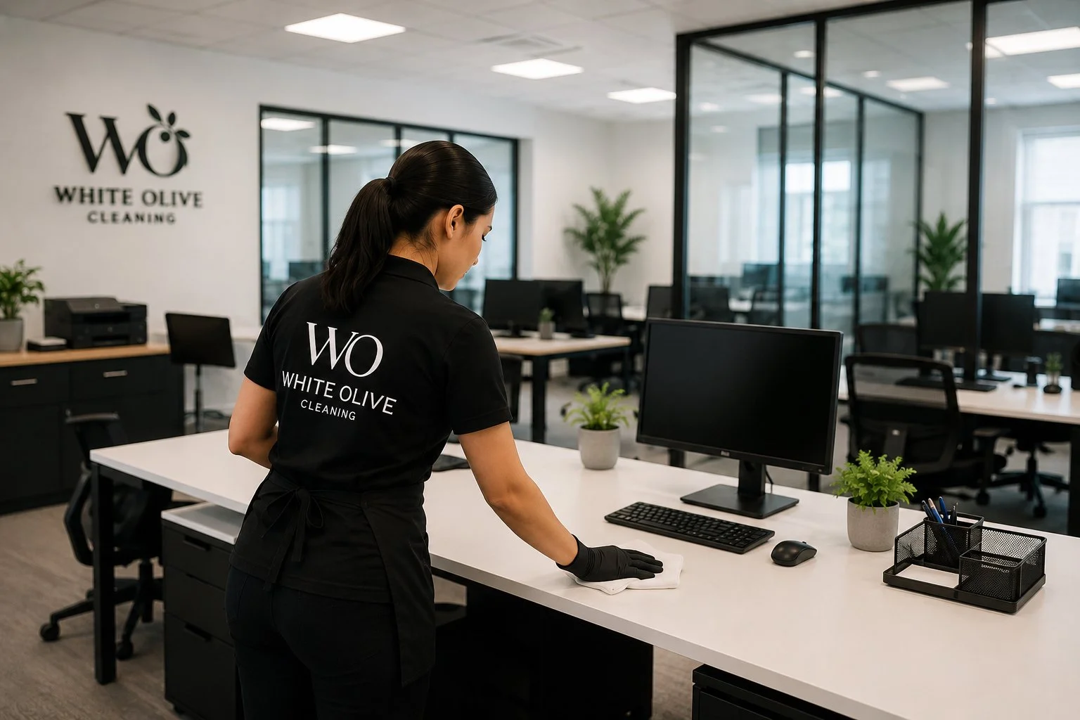 A woman is cleaning a desk in an office space, wearing a uniform with the logo and name of White Olive Cleaning. The office is modern with multiple workstations, computer monitors, and potted plants, and the company's logo is on the wall in the background.