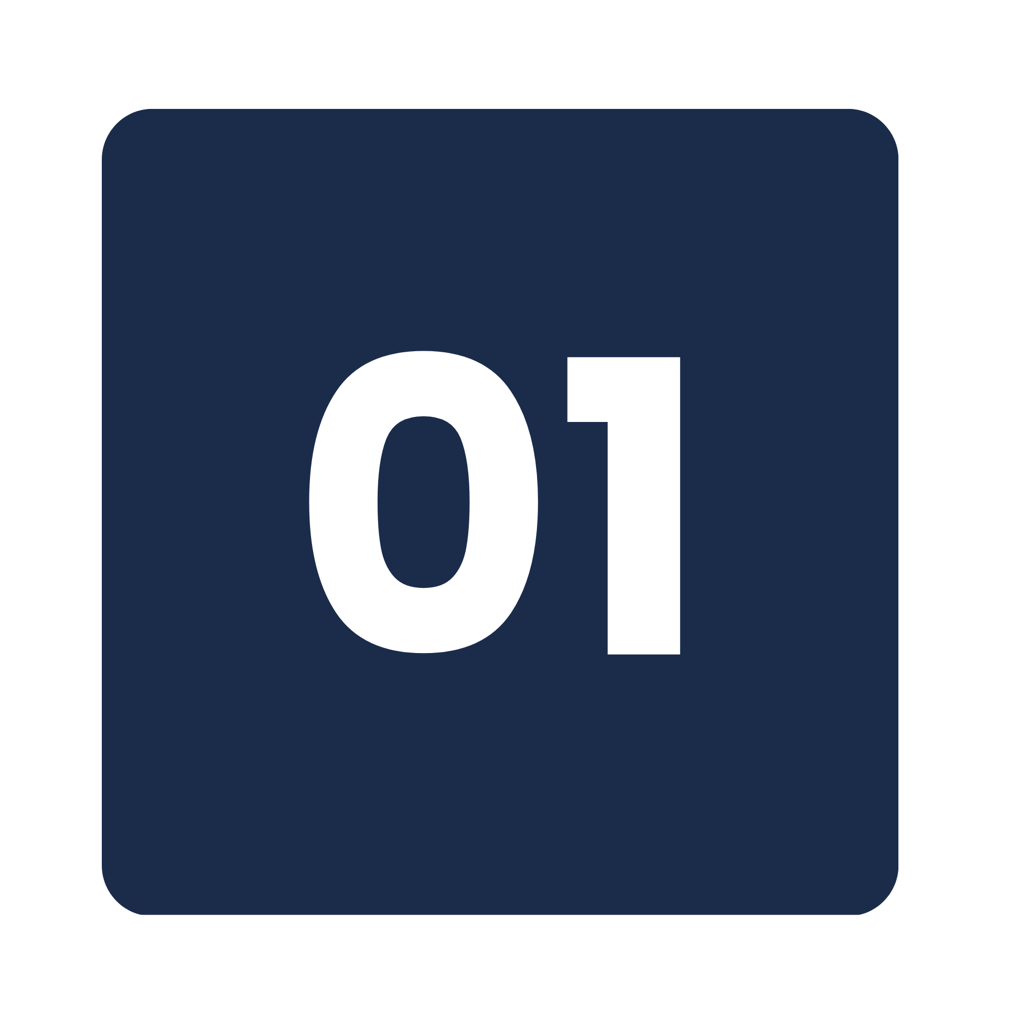 A dark blue calendar icon with a white number 01 at the bottom.